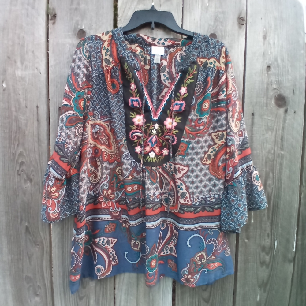 CUPIO CURVY BLOUSE WOMENS SZ 1X FLORAL PRINT SHEER PULLOVER 3/4 BELL SLEEVE